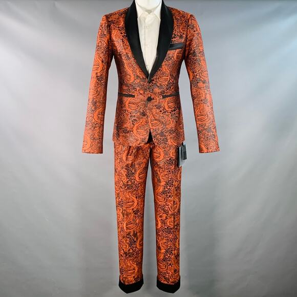 MARCELL VON BERLIN Size 38 Viper Orange Black Jacquard Shawl Lapel Cuffed Suit - Picture 2 of 16